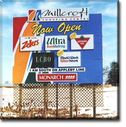 This brightly coloured billboard can be seen from the Q.E.W. in Burlington, Ontario. It stands 12'-0"  high by 16'-0" wide.
